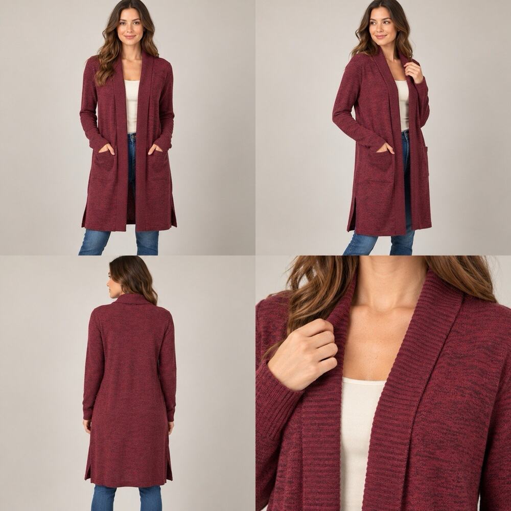 Lildy Burgundy Open Front Cardigan Longline Marl Knit Pocket Size S-M Minimalist